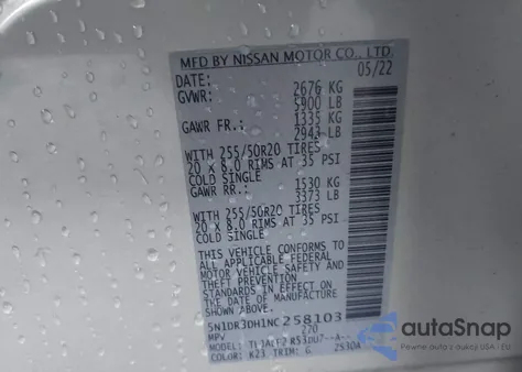 2022 Nissan Pathfinder Platinum 2Wd из США, поврежденный, VIN 5N1DR3DH1NC258103